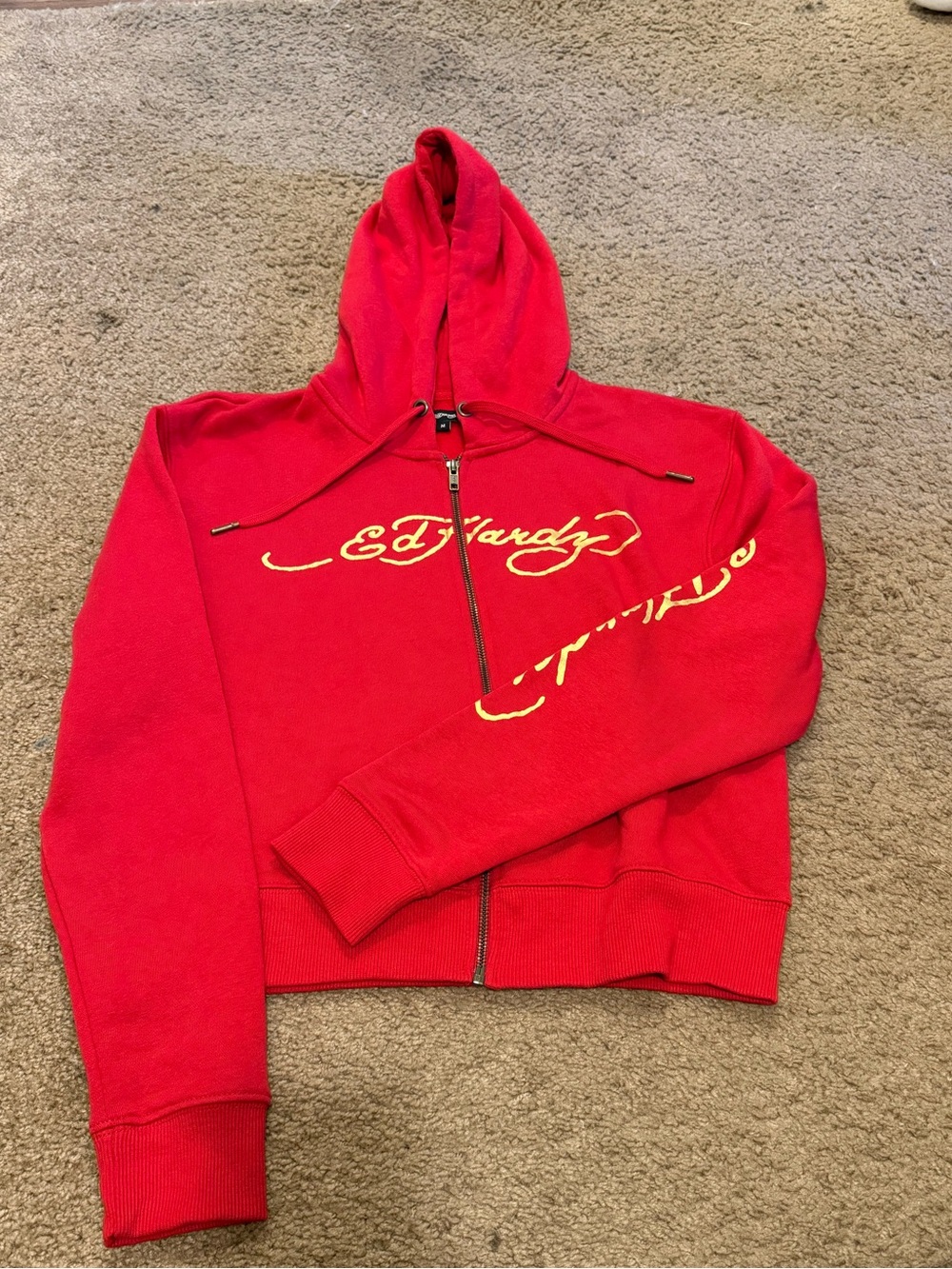 Vintage Ed Hardy Cropped Zip-Up Hoodie - Red Dragon Y2K Streetwear